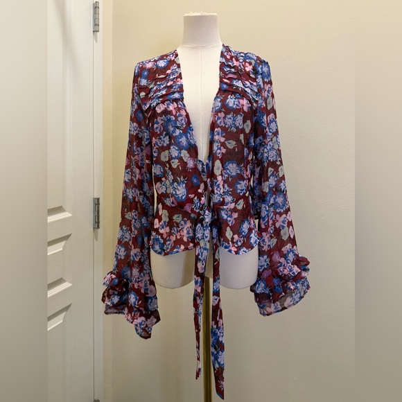 Boho Free People Maybel Floral Tie Front Blouse - Picture 4 of 6